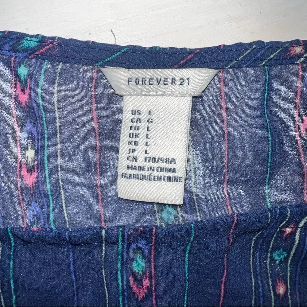 Boho Sheer Blue Patterned Sleeveless Top Forever 21 large - Picture 5 of 7